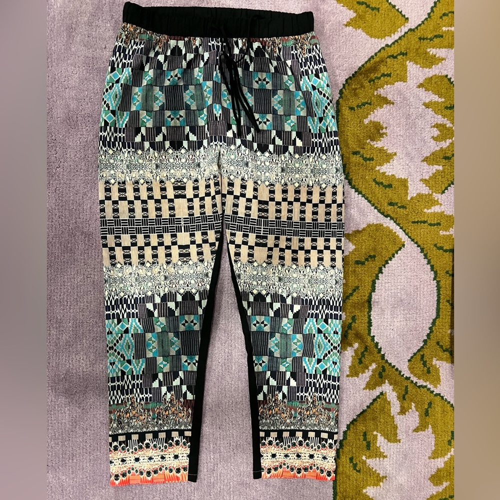 Clover Canyon Pants S Black Blue White Green Mixed Print Elastic Tie Waist Taper